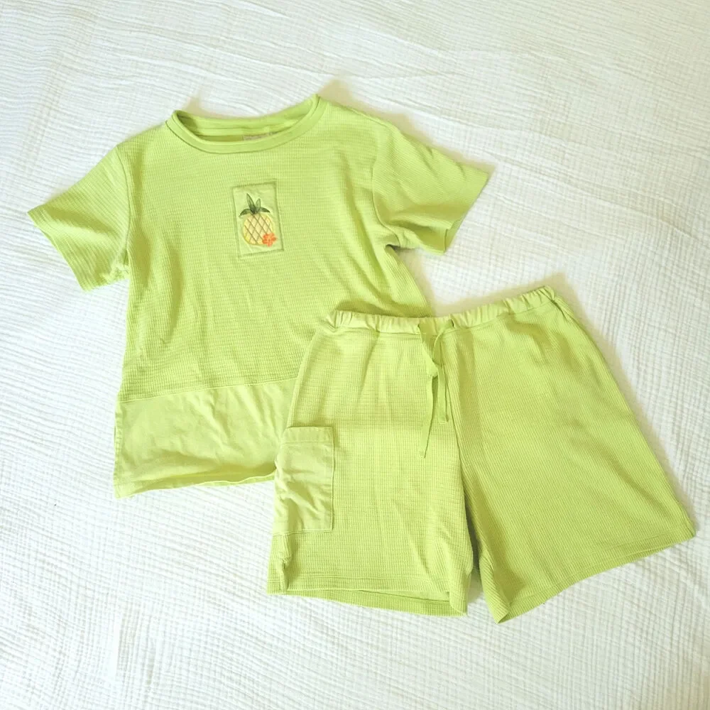 Bobbie Brooks Womens Small Lime Green Matching Set Cotton Blend Summer Pineapple